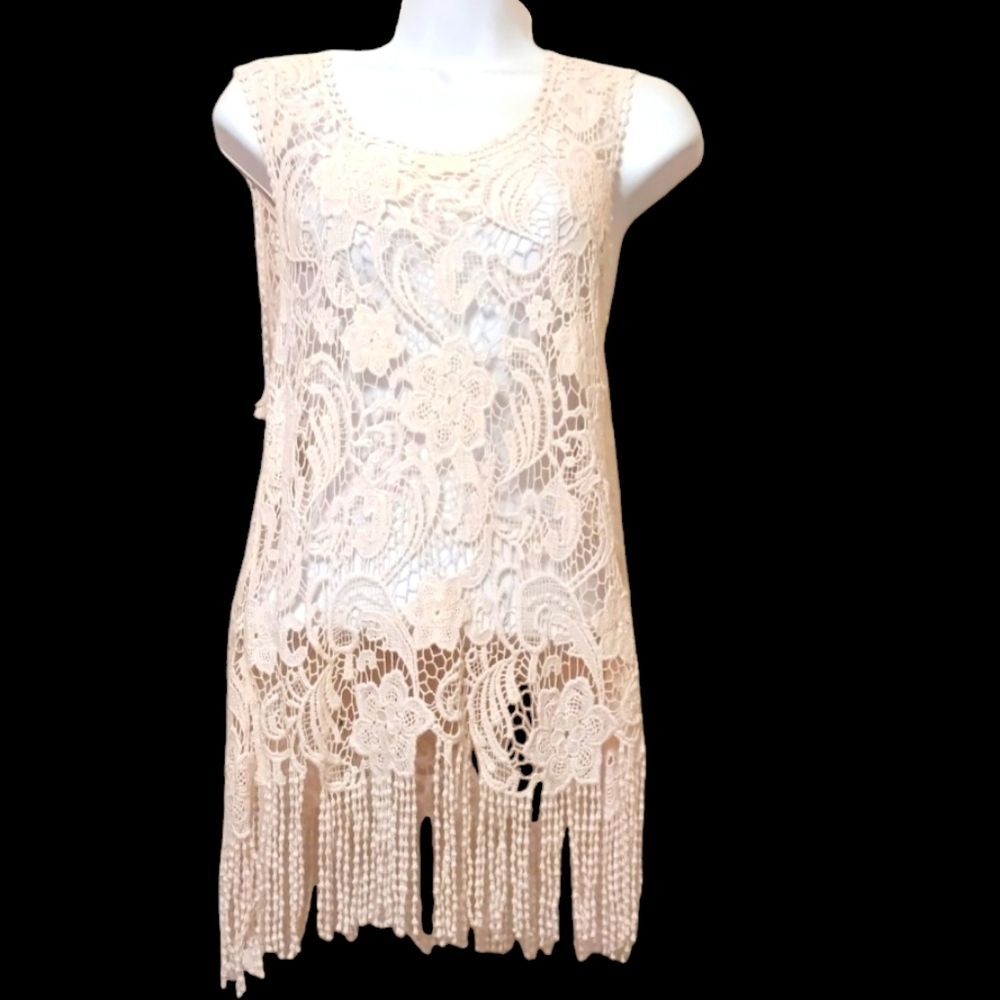 NWOT Lacy Fringe Women Vest Top Long Tank Boho Dressy Size M
